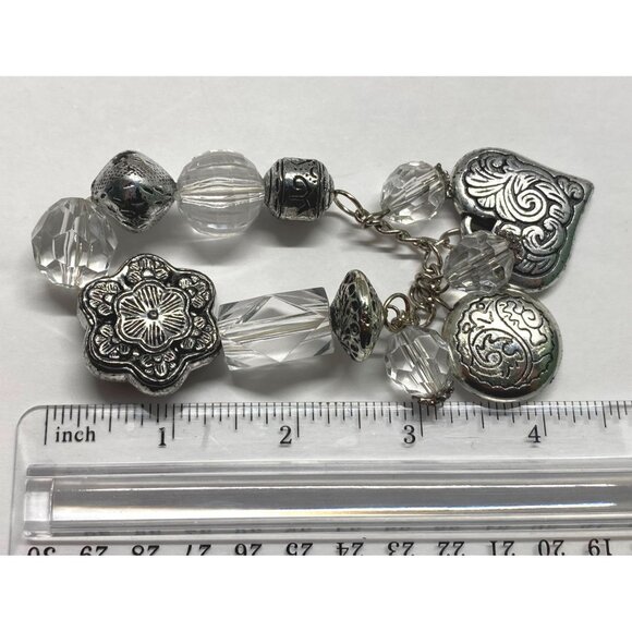 Silver Tone Chunky Charm Bracelet Beaded Heart Flowers Stretch - Picture 3 of 6